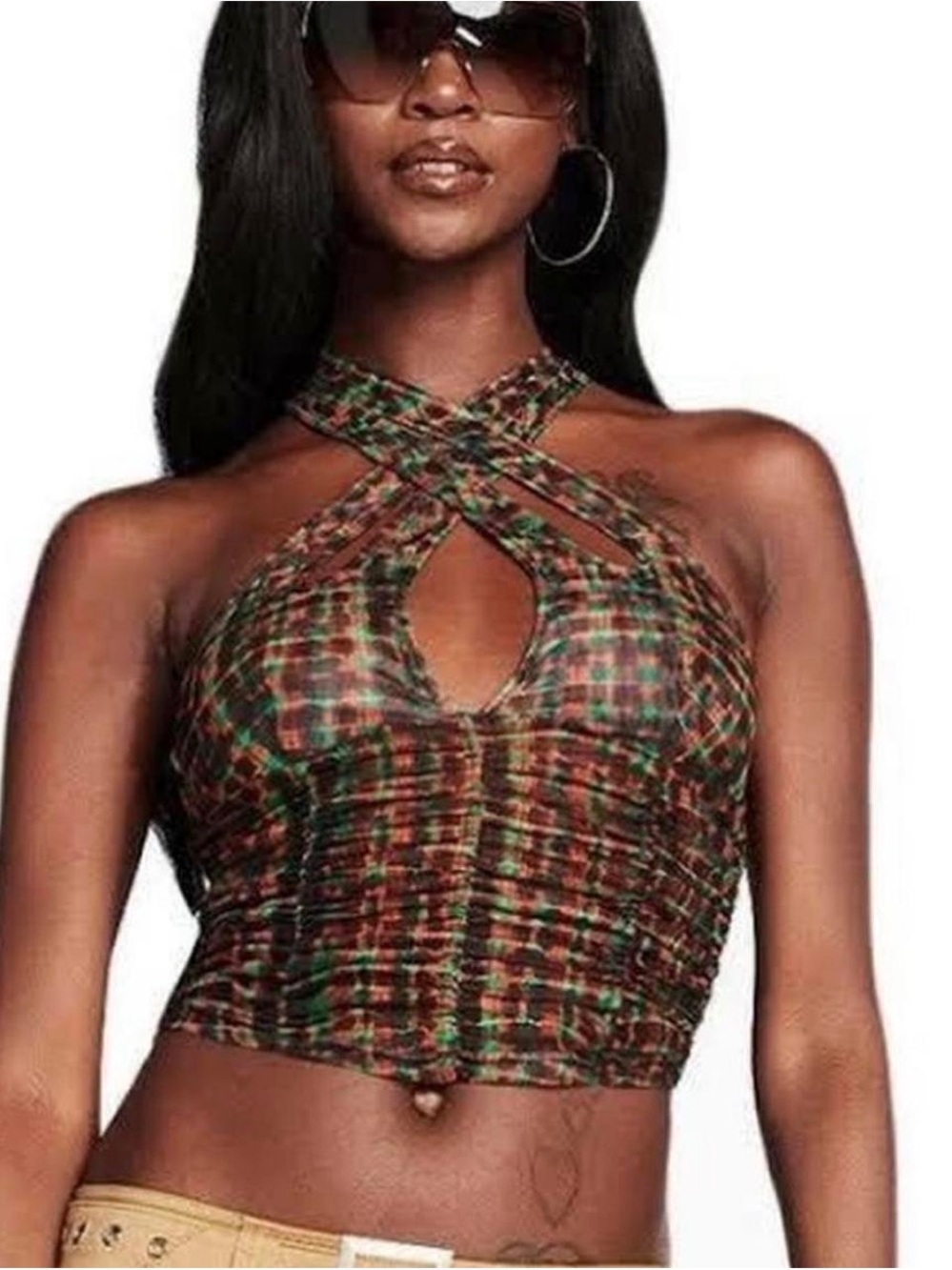 I.AM.GIA Brown & Green Plaid Crisscross Keyhole Crop Top